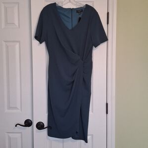 Tahari Teal Short Sleeve V-Neck Faux Wrap Dress